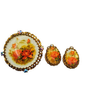 Floral Brooch & Clip Earrings West Germany Rose AB Rhinestone Gold Filigree Vtg